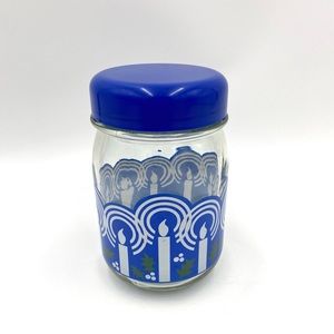 Vintage Glass Storage Jar Holiday Decor White Candles Blue Lid